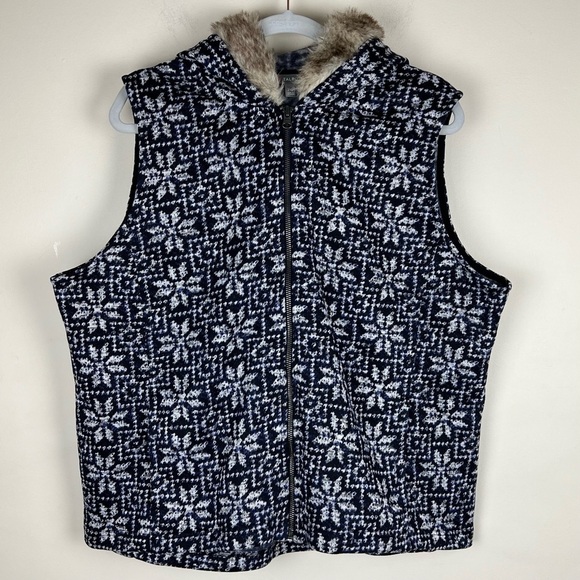 Talbots Jackets & Blazers - Talbots | Snowflake Print Faux Fur Trim Hooded Sweater Fleece Vest Navy | 2X P